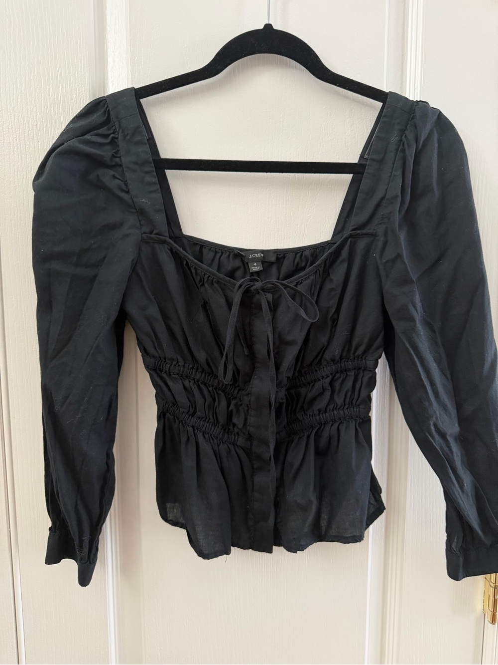 J. Crew Black Smocked Peplum Long-Sleeve Blouse